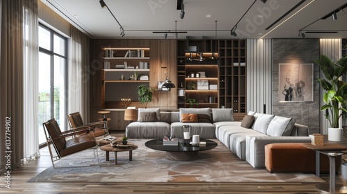 Sophisticated living room featuring dark wood elements and plush furnishings  ideal for relaxing and stylish home environment. Elegant modern living room with dark wood shelving  luxurious grey sofa