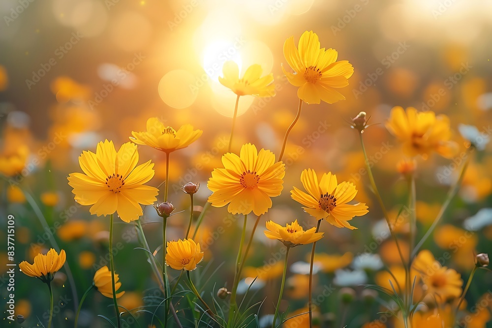 Abstract soft focus sunset field landscape of yellow flowers and grass meadow warm golden hour sunset sunrise time. Tranquil spring summer nature closeup and blurred forest background