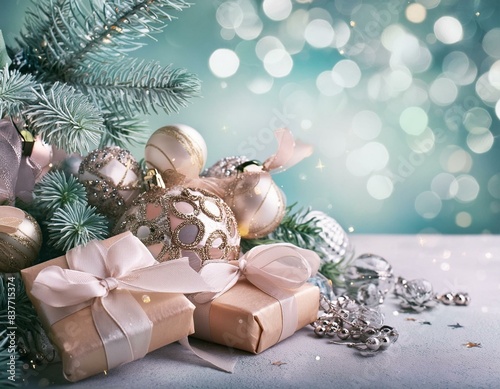 Pastel colored christmas ornaments and gifts are laying on a table with sparkling lights in the background