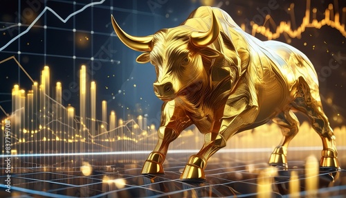 Golden bull statue is charging forward with glowing financial charts in the background, symbolizing a bull market and economic growth