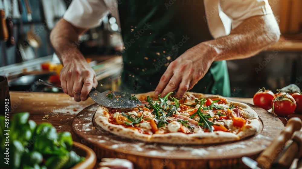 Chef cuts freshly prepared pizza on a wooden substrate Chef cuts freshly prepared pizza on a wooden substrate