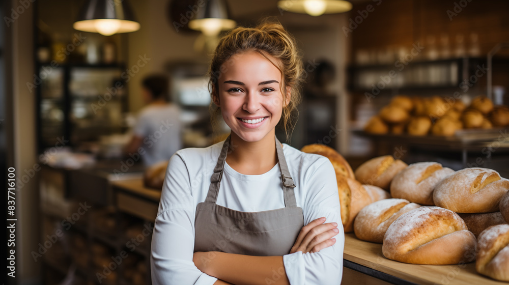 Young woman standing his own bakery shop Young woman standing his own bakery shop