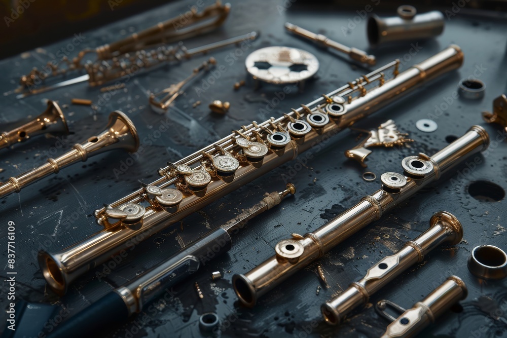 Naklejka premium Detail of tansverse flute disassembled three parts on black table