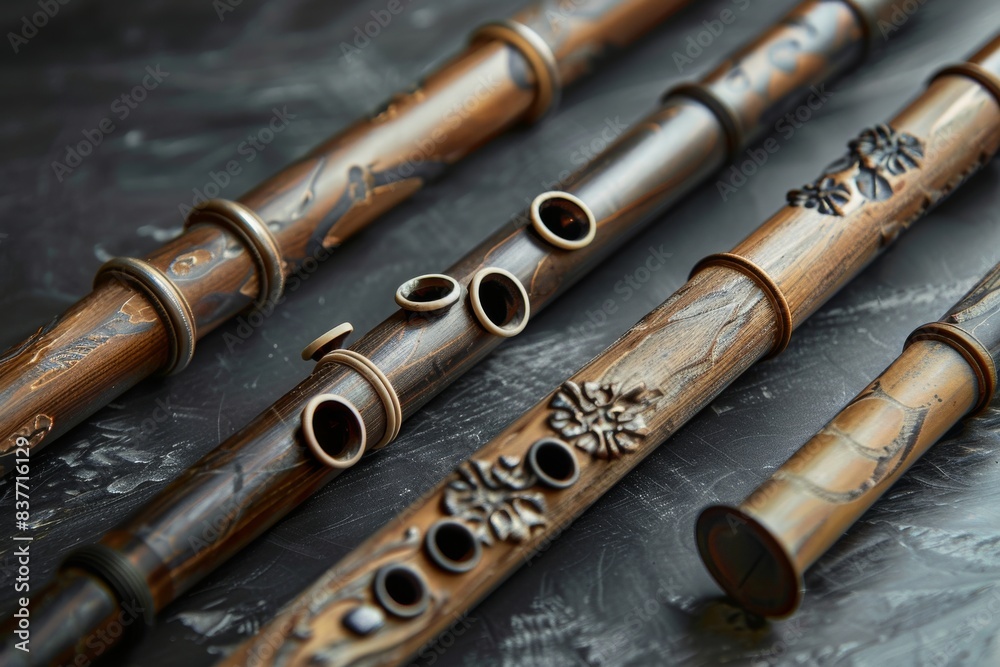 Detail of tansverse flute disassembled three parts on black table Detail of tansverse flute disassembled three parts on black table