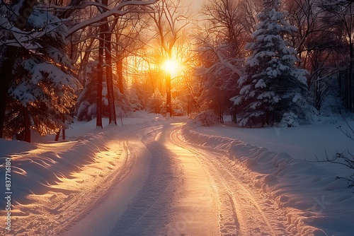 Winter Sunrise in Snow-Covered Forest - Seasonal Landscape for Holiday Decor and Winter-Themed Designs