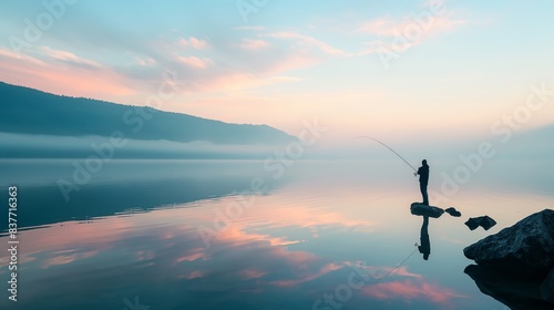 A lone fisherman enjoys the serenity of fishing at a peaceful, pink-hued dawn on a still lake photo