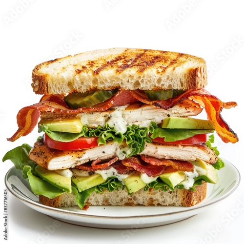 Chicken avocado club sandwich with bacon, lettuce, tomato, and ranch dressing on toasted white bread, white background.
