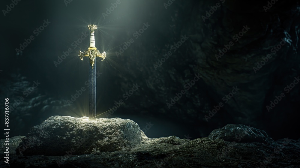 Naklejka premium an ornate arthur excalibur sword stuck in a stone in the cave with beam rays of light from above, on black background