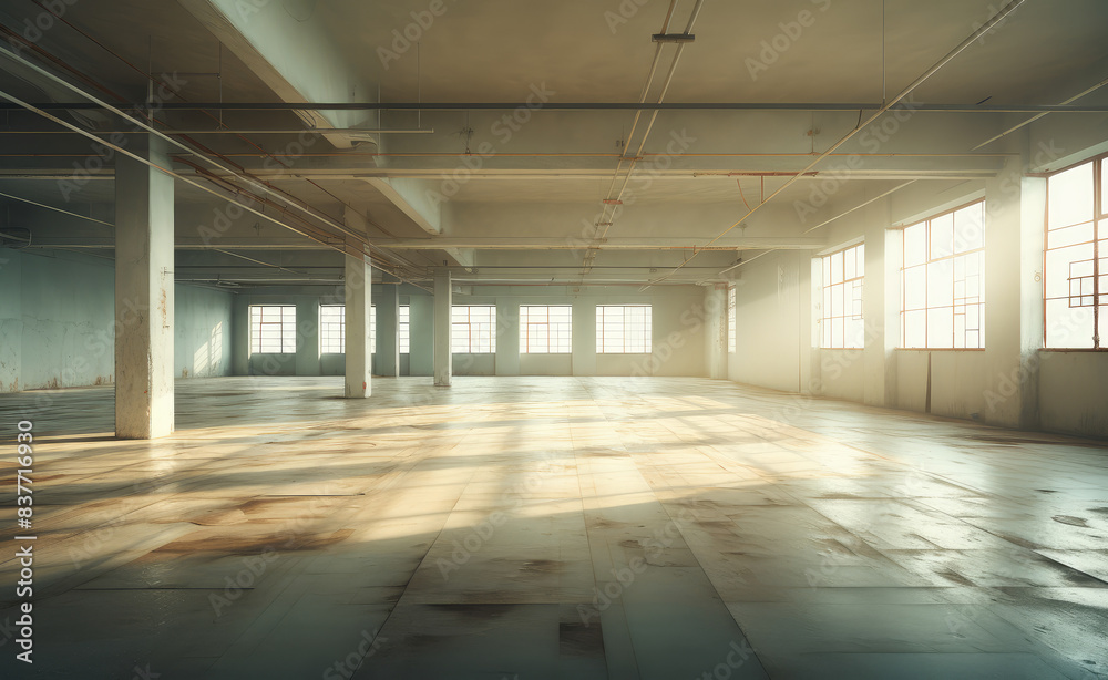 Sunlit Empty Industrial Warehouse Interior Sunlit Empty Industrial Warehouse Interior