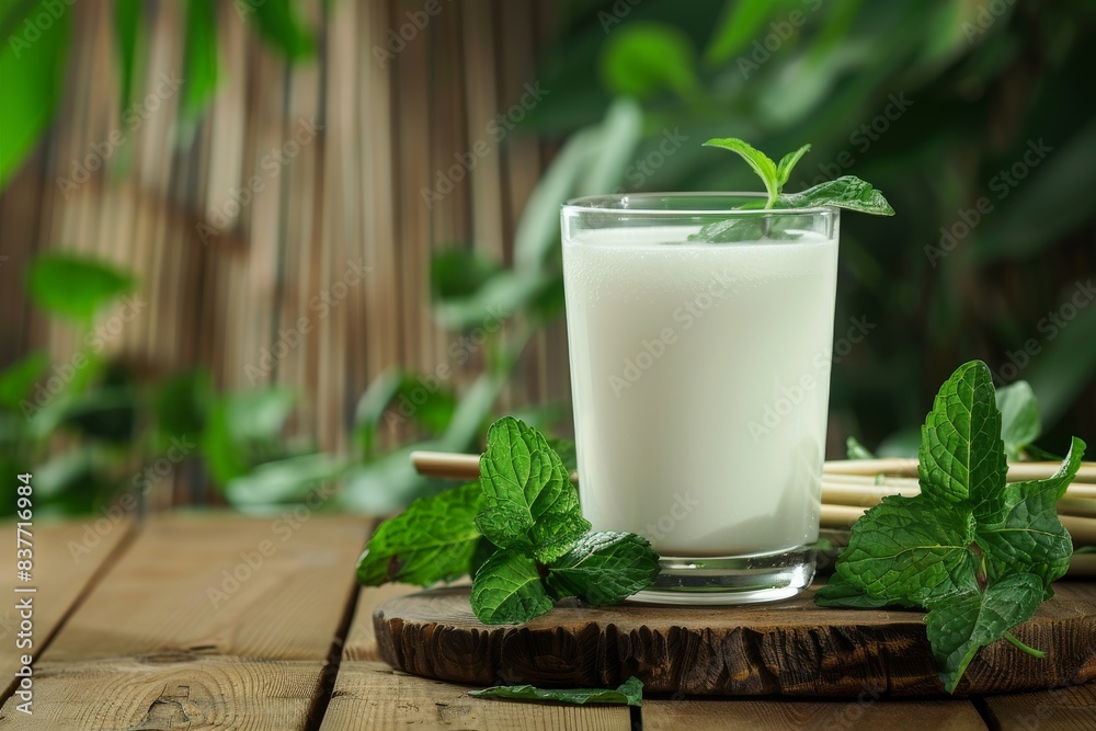 Detail of milk drink with mint on wooden table with mint leaves and bamboo canes. Front view. Detail of milk drink with mint on wooden table with mint leaves and bamboo canes. Front view.