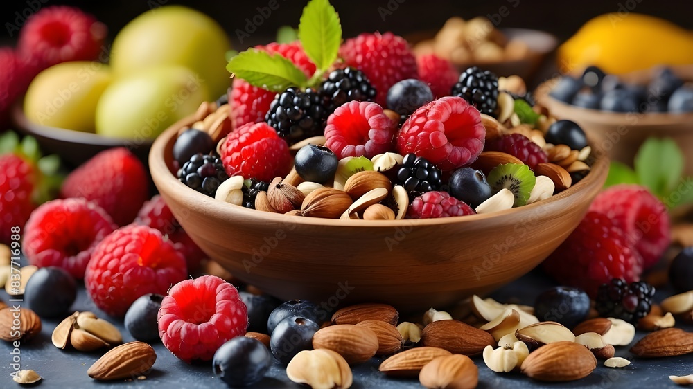 A selection of nutrient-rich superfoods, such as colorful fruits, antioxidant-packed berries, and protein-rich nuts and seeds. A selection of nutrient-rich superfoods, such as colorful fruits, antioxidant-packed berries, and protein-rich nuts and seeds.