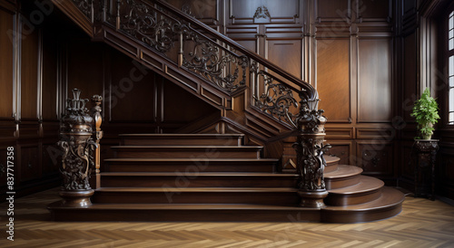 Classic Carved Wooden Staircase in Traditional Home