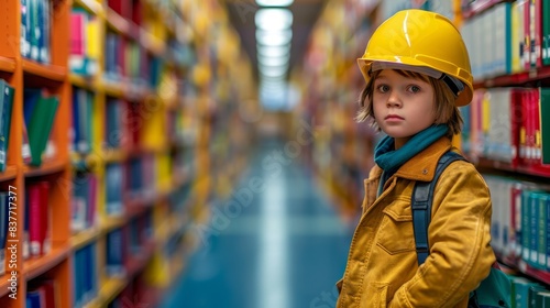  A little girl, wearing a yellow hard hat, stands in front of a bookshelf © Mikus