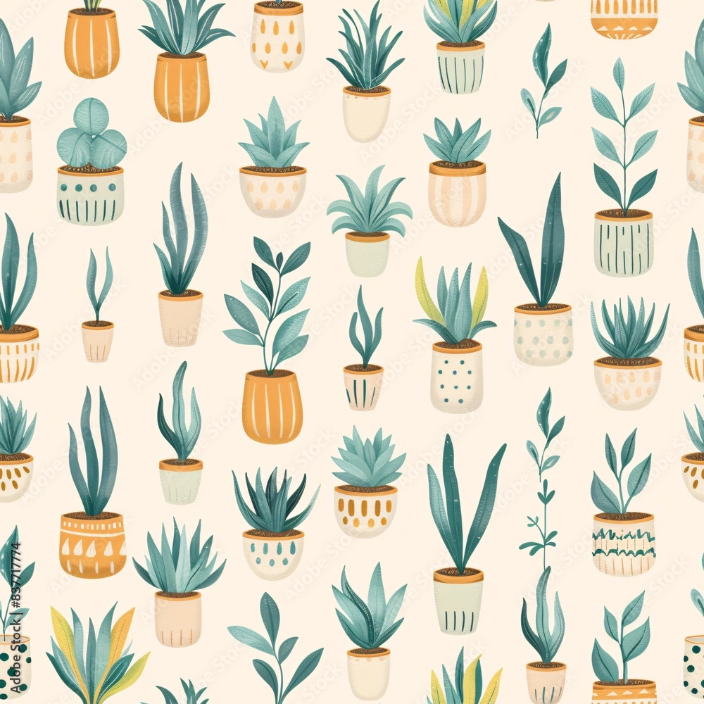 Pastel-themed seamless pattern showcasing a variety of plants in ceramic pots, arranged in uniform rows and perfect for adding a touch of greenery to any project