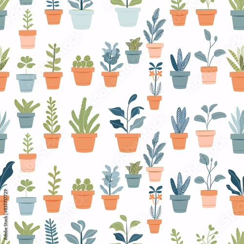 Pastel-themed seamless pattern showcasing a variety of plants in ceramic pots, arranged in uniform rows and perfect for adding a touch of greenery to any project photo