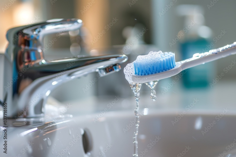 Daily Cleaning Of The Toothbrush After Use In Bathroom Sink Daily Cleaning Of The Toothbrush After Use In Bathroom Sink