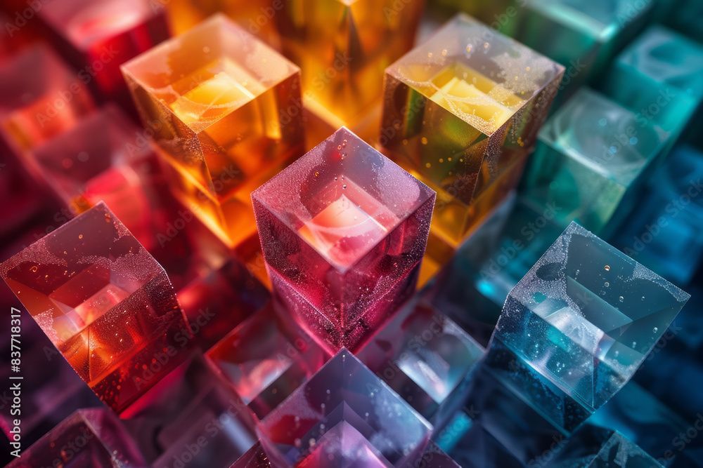 A colorful arrangement of 3D cubes in a pixel grid, forming a detailed, abstract mandala, A colorful arrangement of 3D cubes in a pixel grid, forming a detailed, abstract mandala,