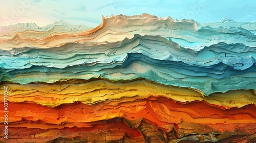 A textured canvas with layers of oil paint that create a three-dimensional abstract mountain range