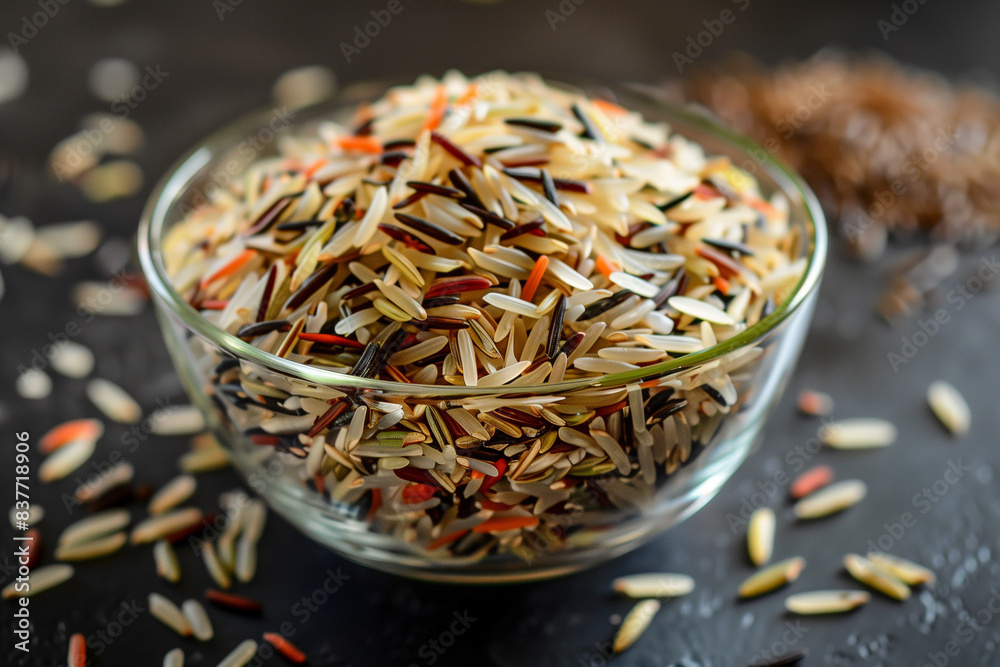 Artful Fusion of Basmati, Jasmine, and Wild Rice Grains in Glass Bowl ...