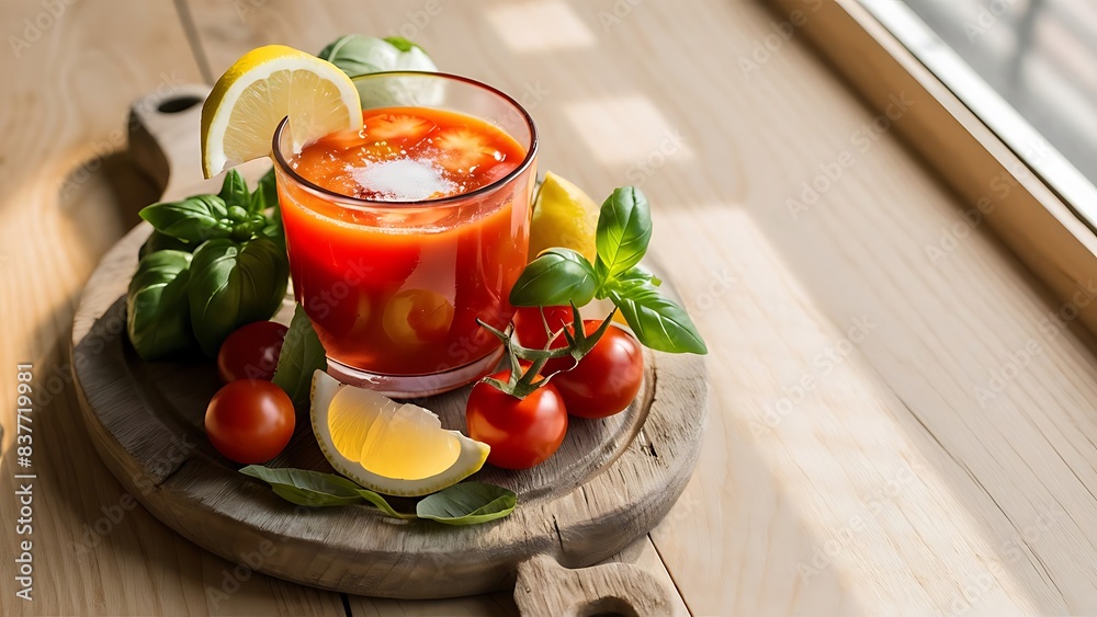 Tomato juice with salt and lemon on wooden background Tomato juice with salt and lemon on wooden background