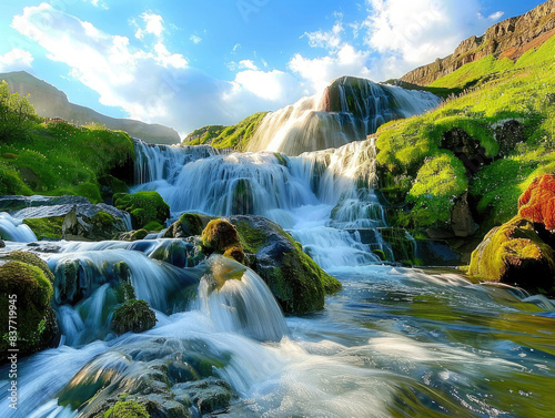 A waterfall cascading down mosscovered rocks  set against an epic backdrop of towering mountains and vibrant blue skies in Iceland s natural beauty.