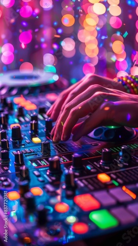 Closeup of a DJ playing music at a Pride party, colorful lights and rainbow flags in the background, photorealistic style, UHD quality