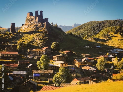 Keselo hill with traditional tushetian towers and houses in Upper omalo, Tusheti national park destination photo