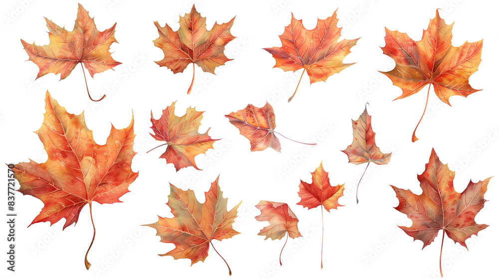 A set of maple autumn leaves isolated on a transparent background A set of maple autumn leaves isolated on a transparent background