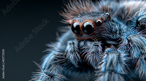  A tight shot of a blue spider against a black backdrop Its back legs and legs slightly blurred, set against a red and black background photo