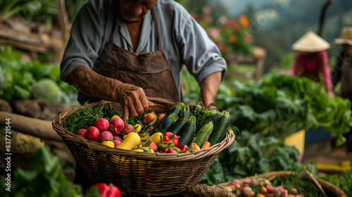 Farmer gathering vegetables into a basket in a garden.