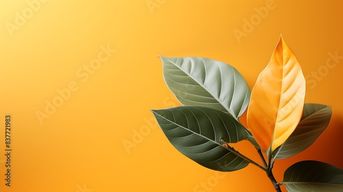 A vibrant green leaf with a natural shine  isolated on a solid light orange background