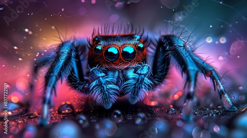  A tight shot of a blue-red spider over a purple backdrop Droplets of water adorn the underside of its lower legs photo