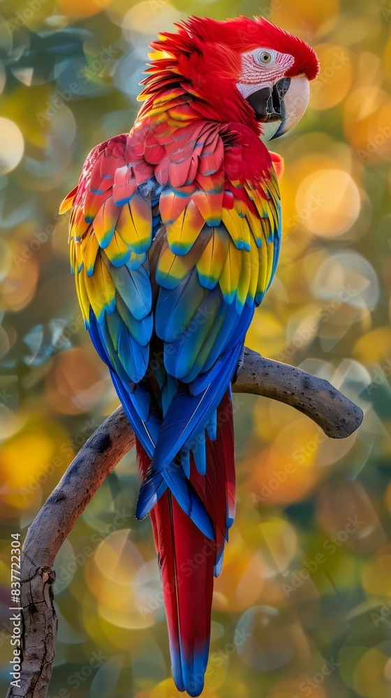 Obraz premium A colorful parrot perched on a branch with blurred background. AI.