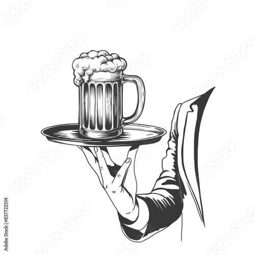 Waiter holding tray with beer glass. Hand drawn Engraving vector illustration. Clip art for pub, bar, menu design, happy hour