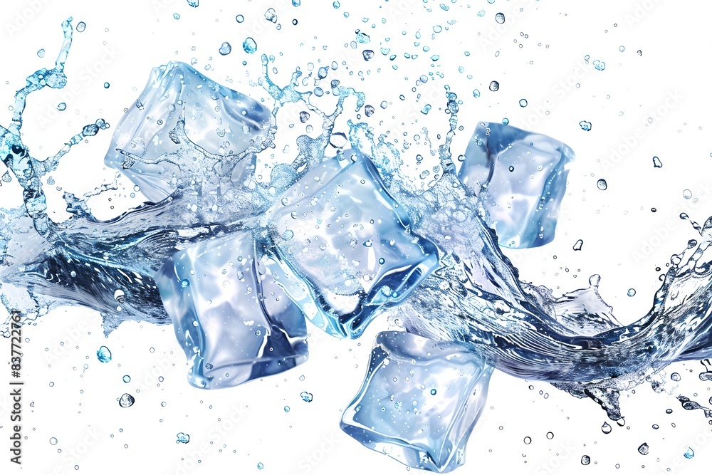 Refreshing ice cubes splashing in water. Cool and invigorating. Perfect for illustrating freshness and chill. Photorealistic and vibrant style. Ideal for food and beverage marketing. Generative AI Refreshing ice cubes splashing in water. Cool and invigorating. Perfect for illustrating freshness and chill. Photorealistic and vibrant style. Ideal for food and beverage marketing. Generative AI
