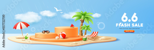 Summer flash sale, orange podium display, rain in summer, pile of sand, coconut tree, beach umbrella, banner design, on blue background, EPS 10 vector illustration
