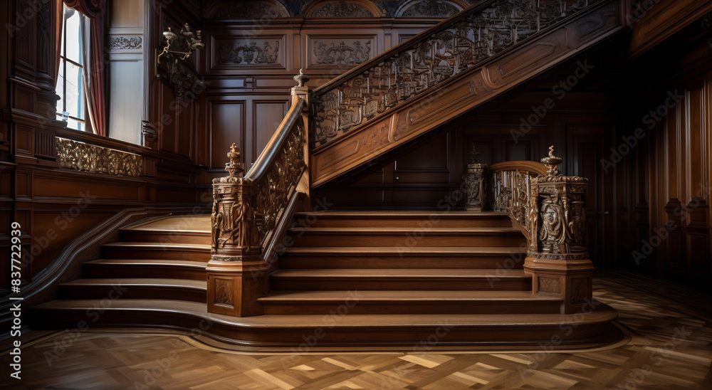 Obraz premium Classic Carved Wooden Staircase in Traditional Home