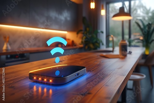 A wifi extender, Blue wifi symbol, Connected smart home. photo