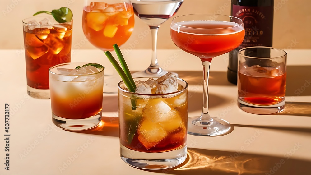 Summer cocktail drinks set rum cola long island ice tea manhattan cosmopolitan old fashioned popular beverages for cocktail party beige background hard light Summer cocktail drinks set rum cola long island ice tea manhattan cosmopolitan old fashioned popular beverages for cocktail party beige background hard light