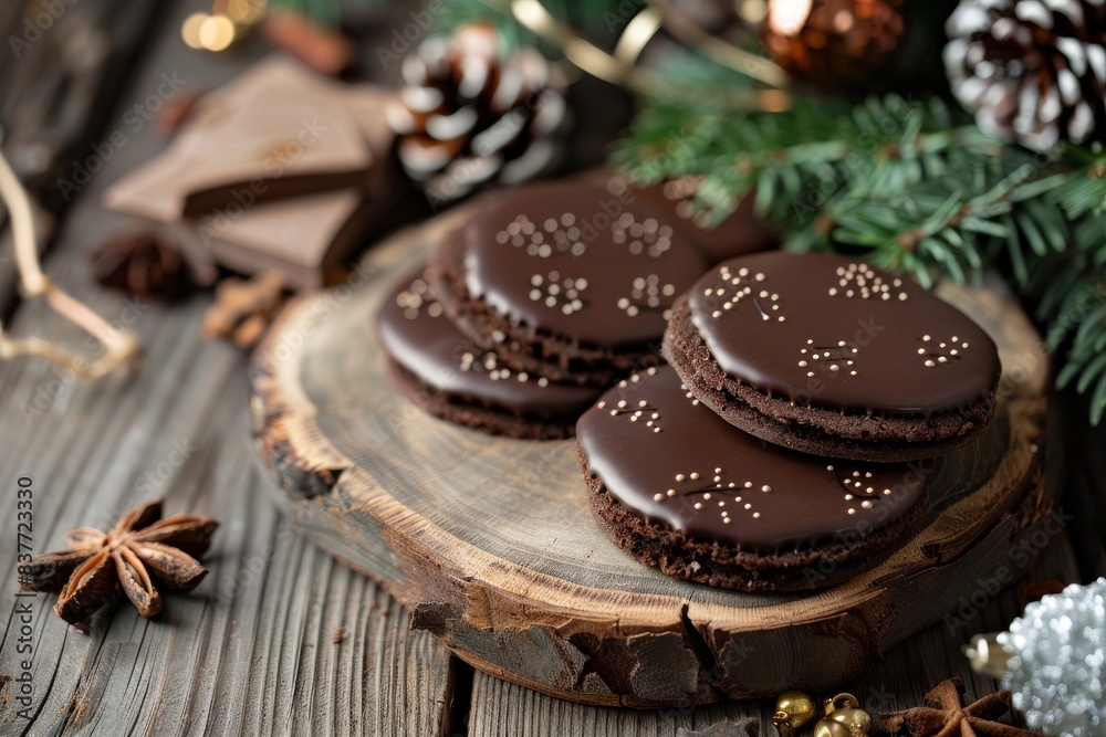 Chocolate-covered cookies on a wooden bench with Christmas decorations. Top view. Horizontal composition. Chocolate-covered cookies on a wooden bench with Christmas decorations. Top view. Horizontal composition.