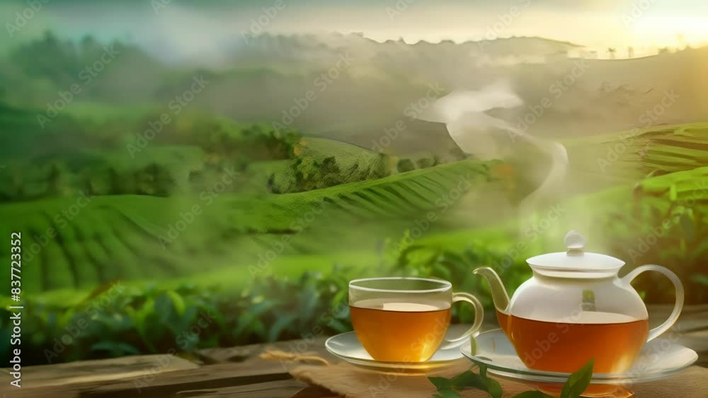 A cup of hot tea with steam coming from it and a teapot on a wooden table against the background of tea plantations A cup of hot tea with steam coming from it and a teapot on a wooden table against the background of tea plantations