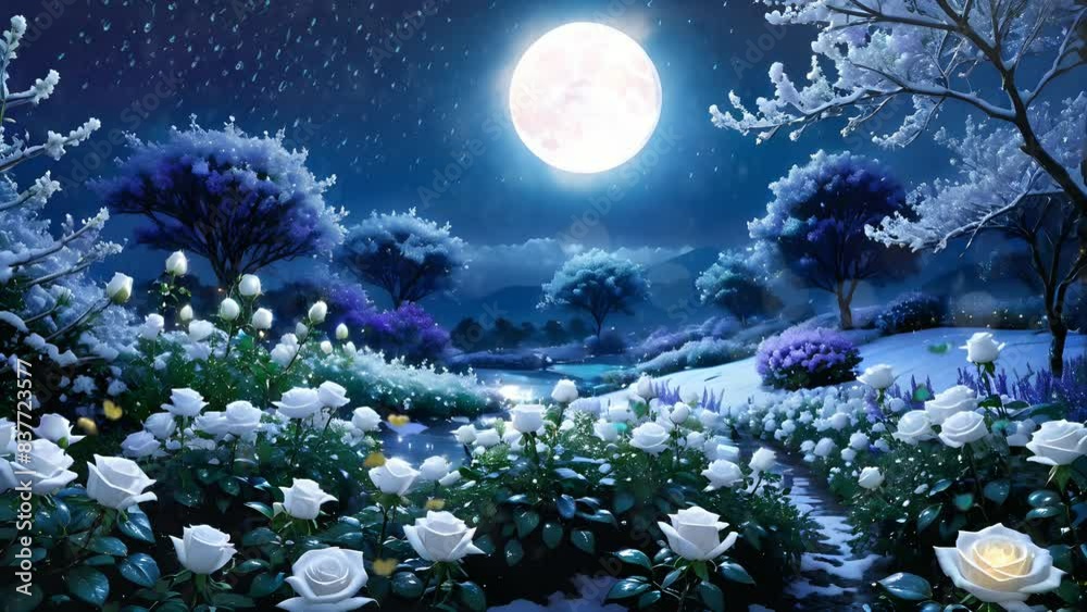 a big moon with beautiful night and white roses in snow landscape. seamless looping time-lapse 4K video background
