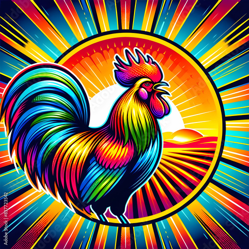 Vibrant rooster with multicolored feathers crowing at sunrise, depicted in a bold, psychedelic pop art style.