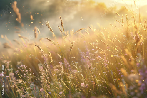 Golden Light Meadow with Swaying Tall Grasses and Wildflowers