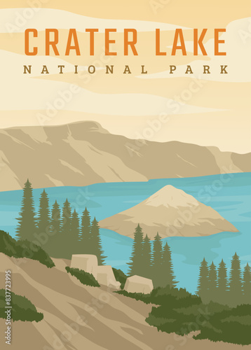 crater lake poster vintage vector illustration design. national park in america vintage poster design.