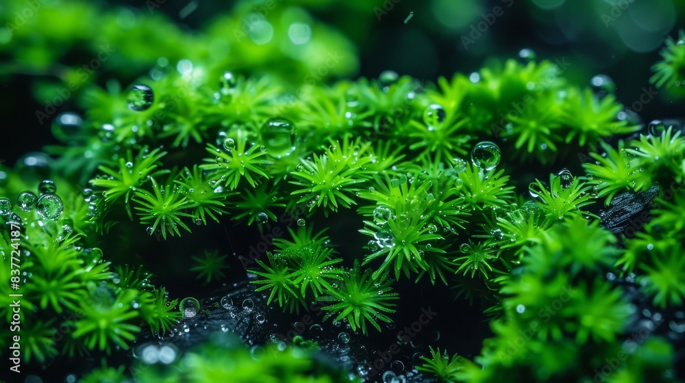  A tight shot of numerous verdant plants, adorned with dewdrops atop and their undersides saturated with droplets