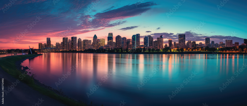 Obraz premium Vibrant Skyline at Sunset Over Water