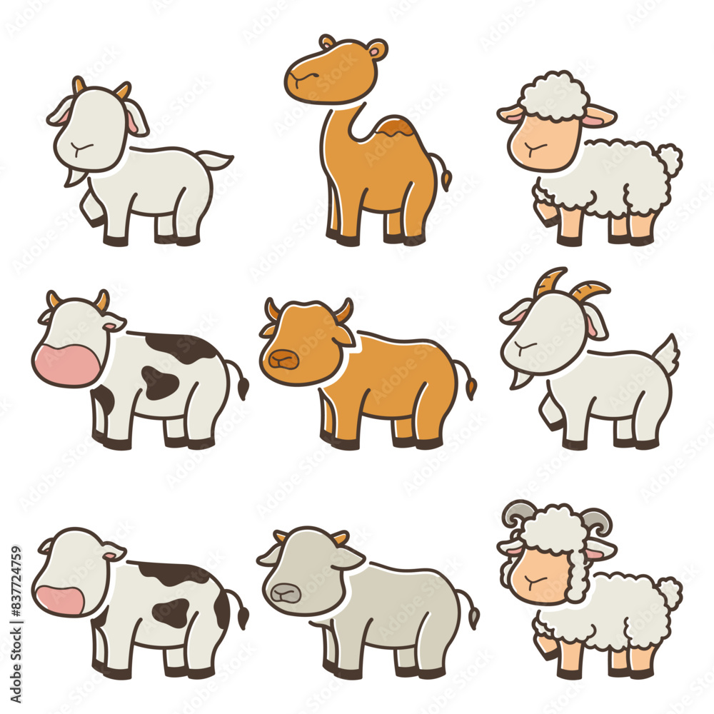 Fototapeta premium Set Cute Doodle Eid Al-Adha Animal Vector Illustration Element Collection. Editable Line. Adjustable Stroke Width