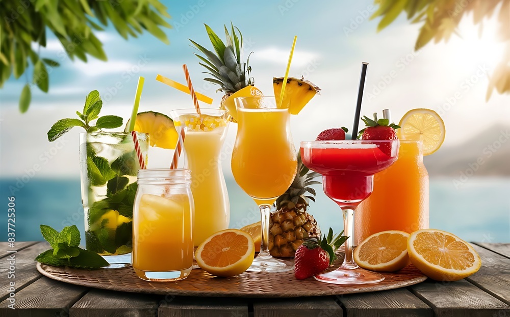 Set of different summer cocktails and juice Set of different summer cocktails and juice