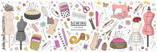 Vector hand drawn sewing, tailoring, dressmaking retro clip art set. Collection of highly detailed hand drawn atelier tools and equipment isolated on white background photo